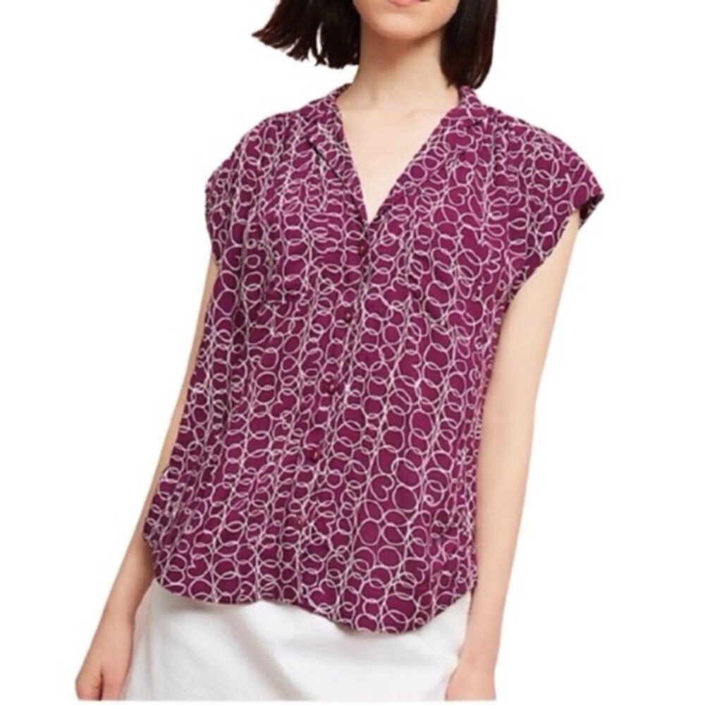 Anthropologie Maeve Raffine Blouse Purple Printed Cap Sleeve Top Size S
